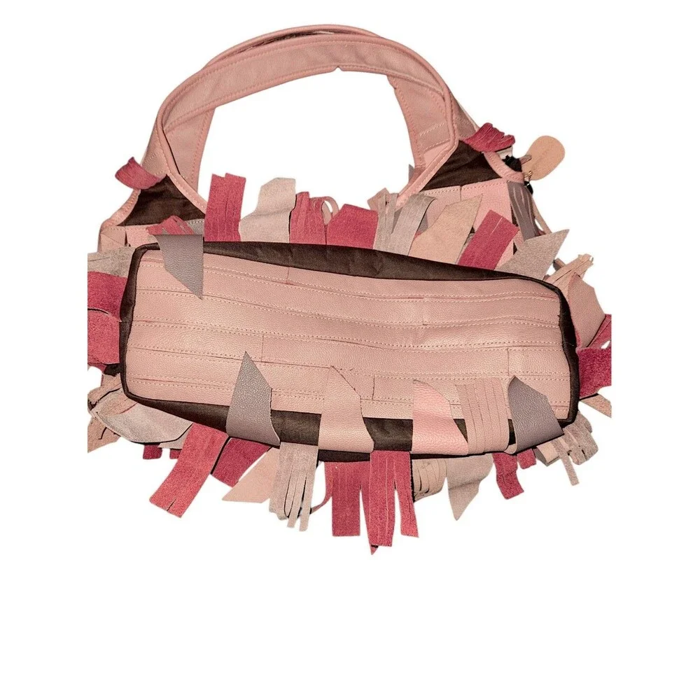 Chaos by Elsie Pink Leather Fringed Hobo Bag Shoulder Bag
